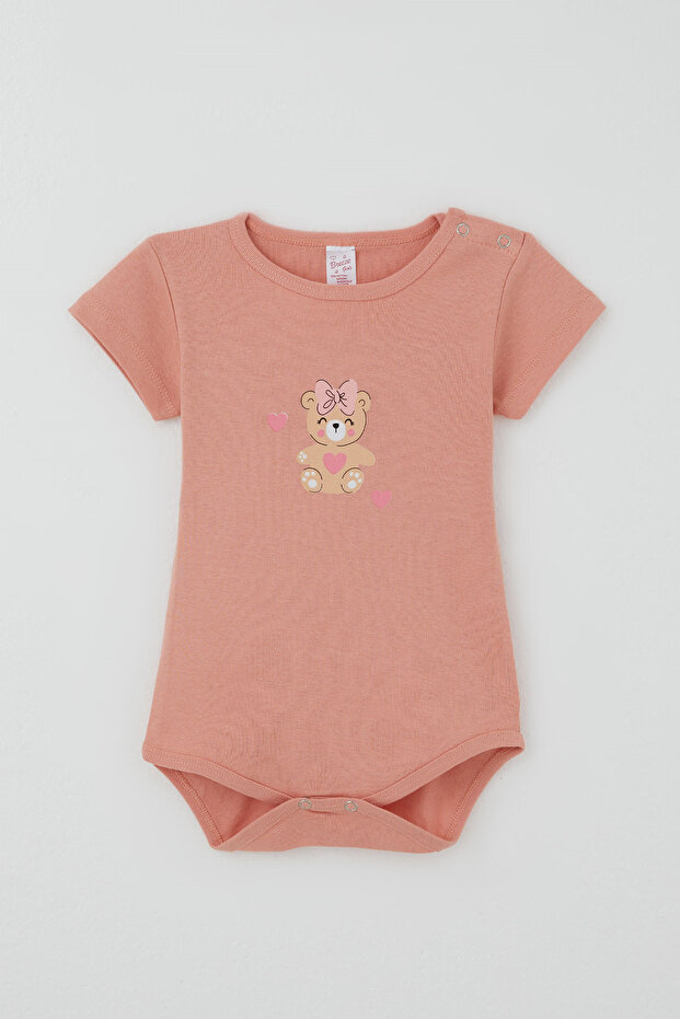 Girl's Snap Fastener Short Sleeve Bodysuit Cute Baby Teddy Bear Printed 1-3 Years Old, Dried Rose