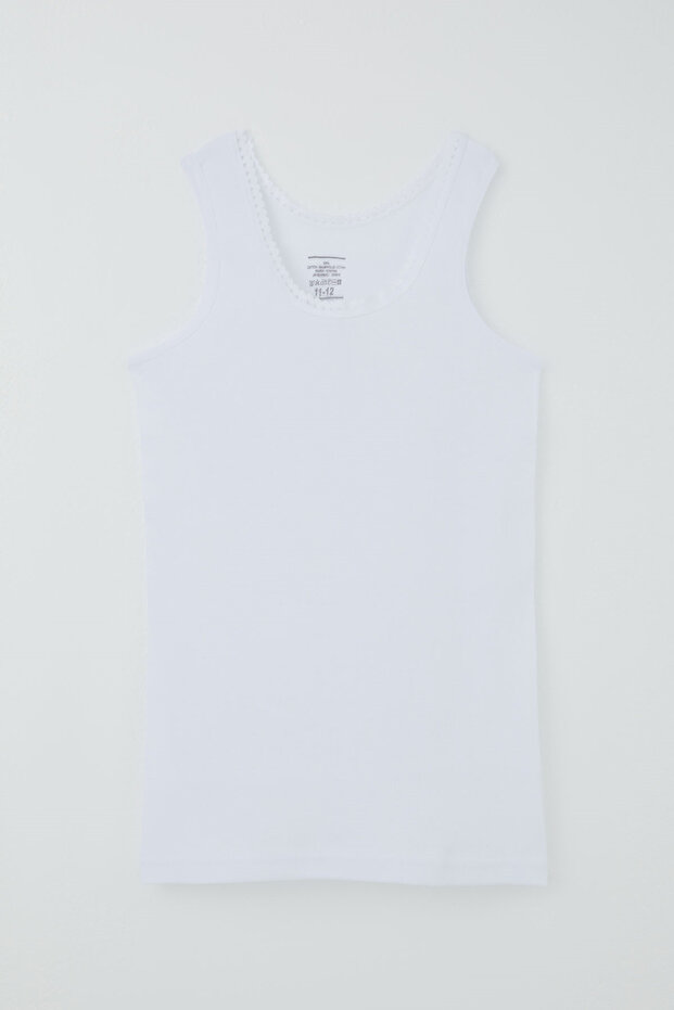 Girl's Thick Strap Undershirt with Zigzag Water Stone Stripe Detail, 11-12 Years Old, White