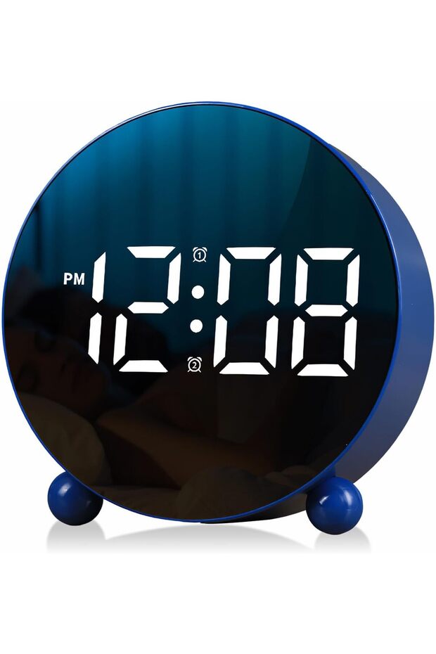 Digital Round LED Display Alarm Clock Small Clock Double Bells 3 Brightness Silent Table Loud Bedside Clock Bedroom Office Blue