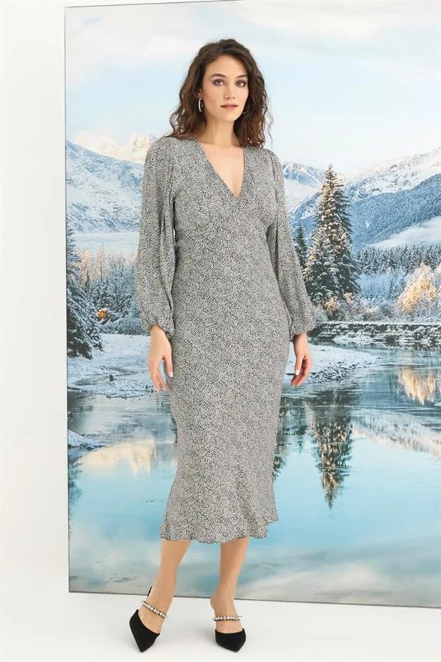 100% Viscose Patterned Long Sleeve Satin Dress