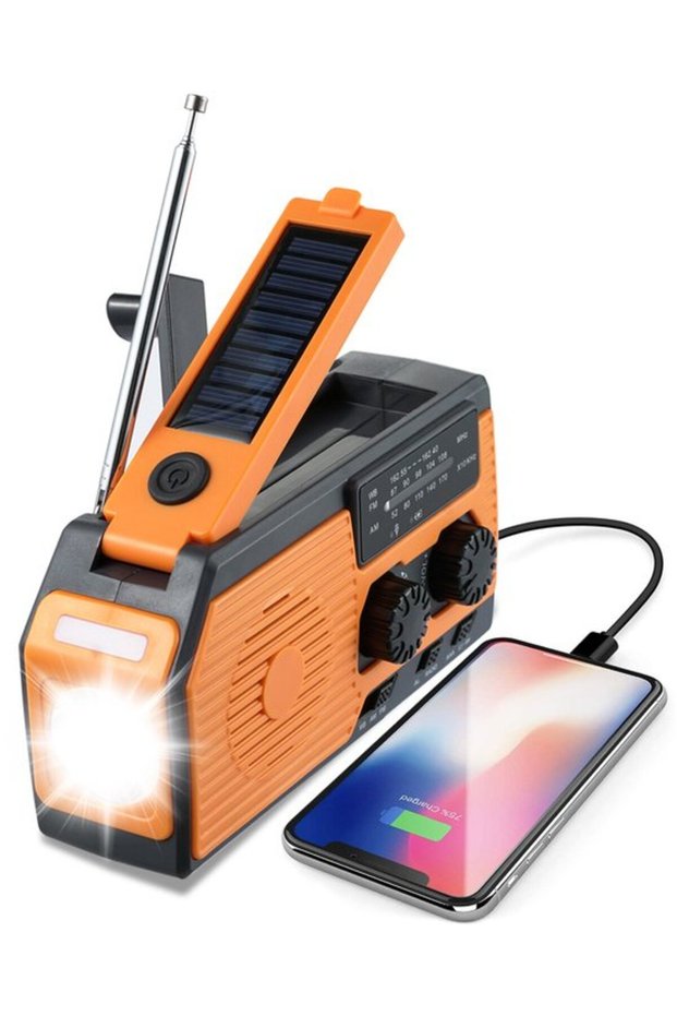 Solar-powered handheld radio - emergency radio - wind-up solar emergency radio - wind-up radio - with batteries - 5000 mAh - black and orange