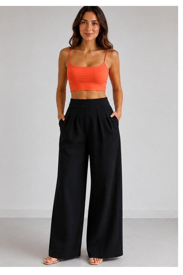 Linen Pants with Pockets and Elastic Waist at the Back