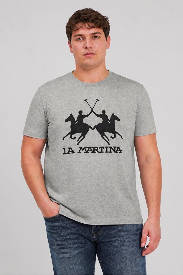 Men Crew Neck Short Sleeve Brand Logo T-Shirt, Light Grey