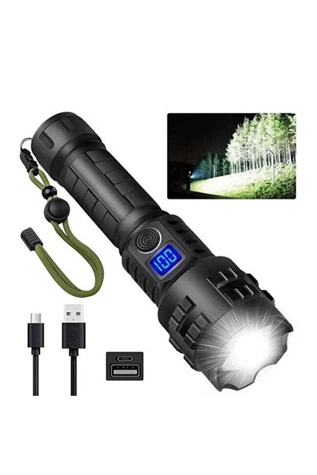 High-powered, zoomable LED flashlight with 5 modes, suitable for camping, hiking, and fishing.