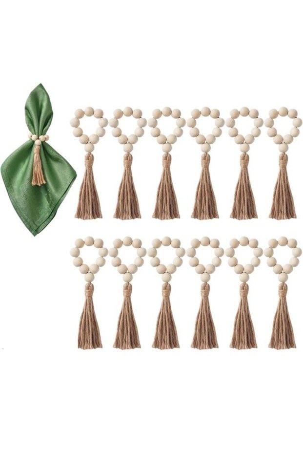 Handmade Napkin Rings with Fringe – Set of 12, Includes Bag with Temple Moon Print, 16mm Wooden Beads – Ideal for Parties and Special Occasions