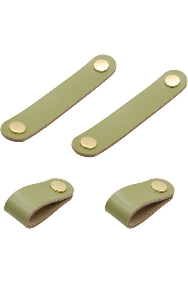 4-piece set of genuine leather handles, furniture knobs, window and door handles, wardrobe door handles (light green)