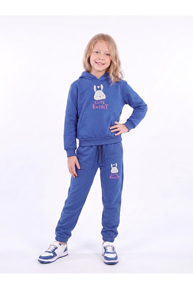 Girl's Printed Kangaroo Pocket Hooded Tracksuit Set