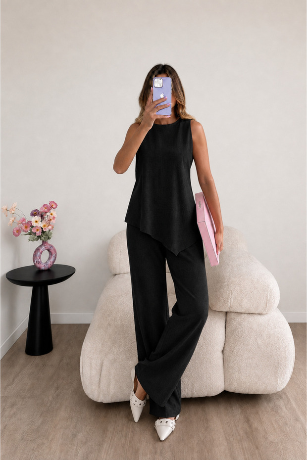 Linen Tied Asymmetrical Cut Vest and Trousers Set