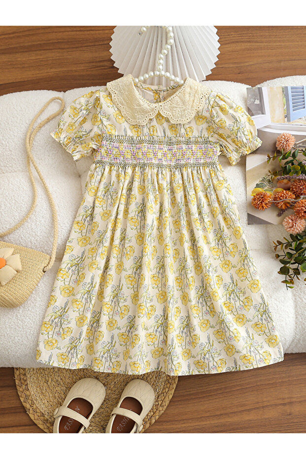Girls Floral Print Smocked A-Line Dress
