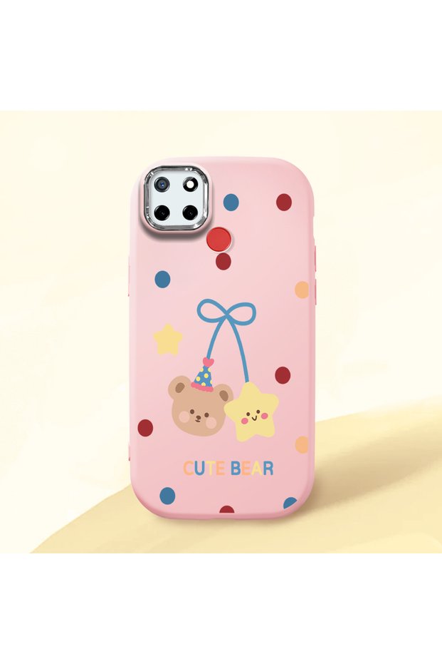 Realme C25S Compatible Case Camera Protector Pink Silicone Couple Phone Case with Bear Pattern