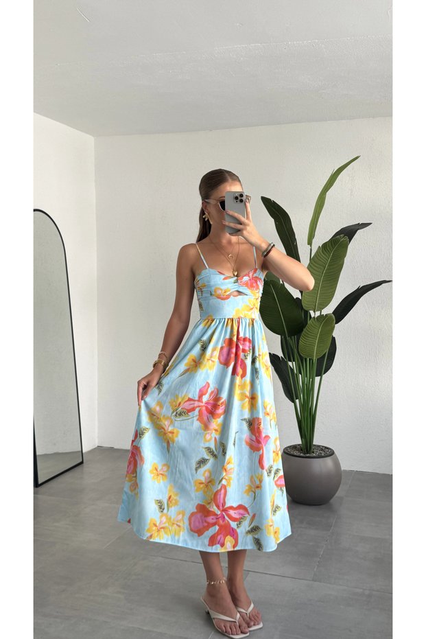 Women's Blue Floral Patterned Strappy Midi Dress Waist Detailed Summer Dress