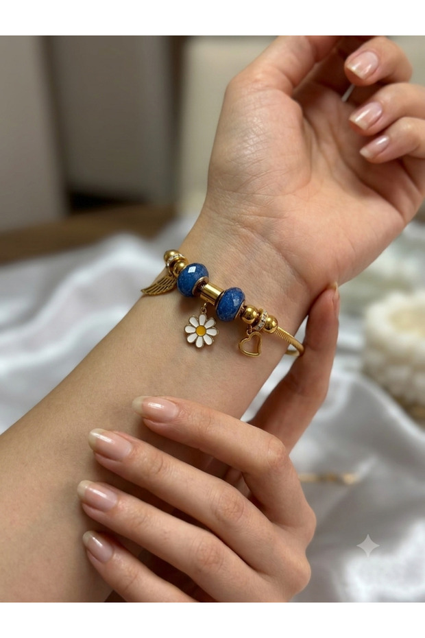 Women's Gold Plated Steel Charm Bracelet with Evil Eye Blue Beads and Angel Wing Detailed Modular Clasp