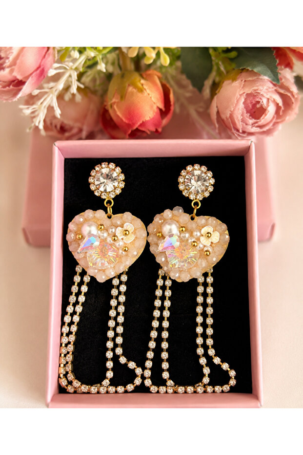 Crystal Stone/Powder Pink Heart Earrings
