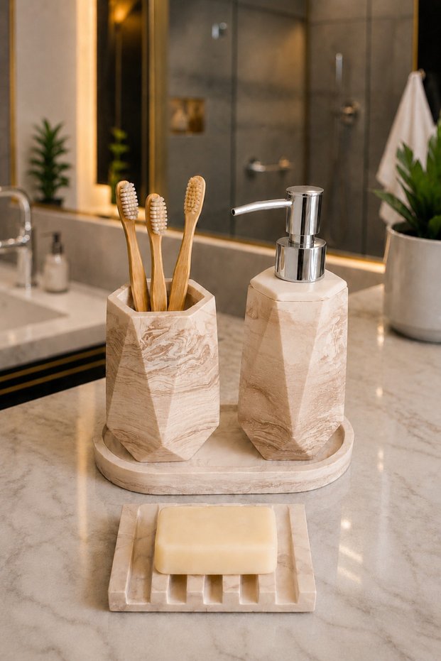 Marble Patterned Brown Concrete 4-Piece Bathroom Wc Set Liquid Soap Dispenser Presentation Tray Toothbrush Holder Decorative Accessories