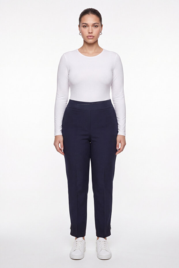 Women's Navy Blue Winter High-Waisted Trousers with Stone Detail on the Cuffs and Waist