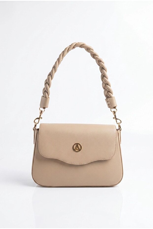 Knitted handle detailed lidded handbag mink arm199