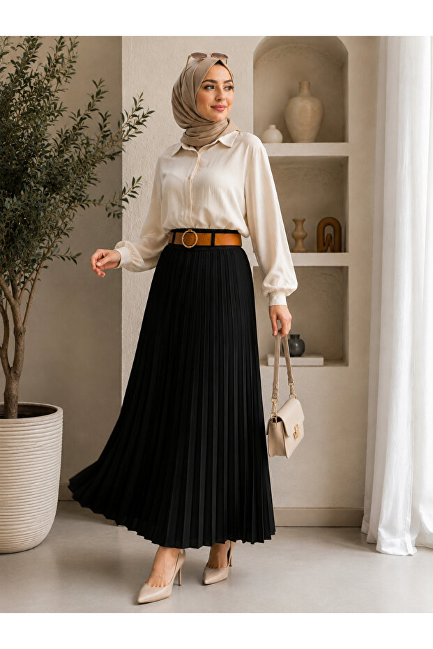 Women's Side Zippered Belted Pleated Imported Crepe Long Skirt