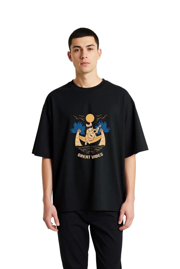 Men's Oversize Music Theme Cat Printed T-Shirt Relaxed Fit Casual Wear Modern Stylish Comfortable Elegant