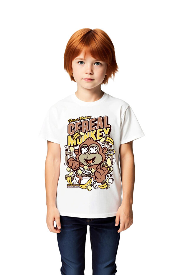 Children's Retro Cereal Box Monkey Mascot Printed Graphic T-Shirt Cotton Comfortable Daily Casual Modern