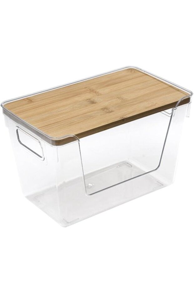 Transparent stackable storage box with bamboo lid and wood grain