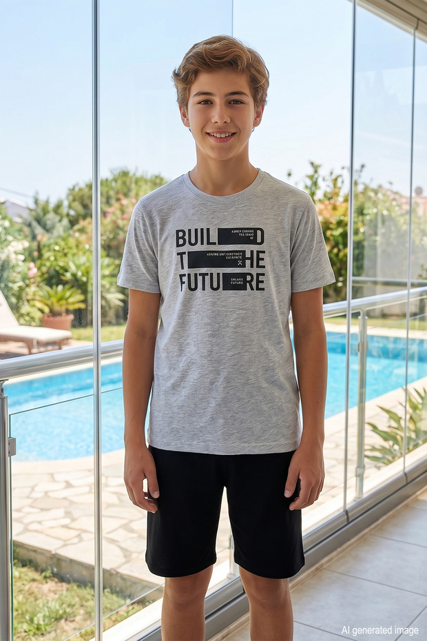 Young Boy's Black Lettering Detail Short Sleeve Shorts Pajama Set 4351 Gray