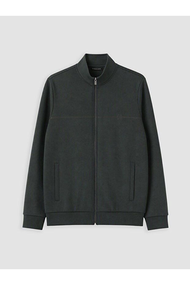 Green Stand Collar Men's Thick Zippered Sweatshirt