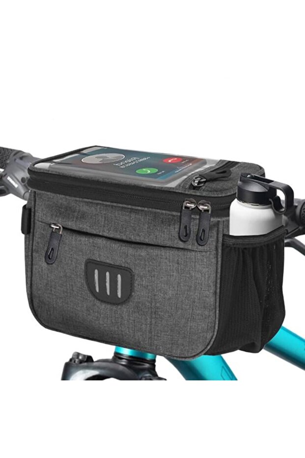 Black waterproof detachable handlebar bag.