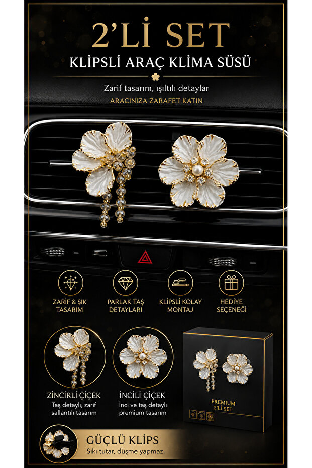 Car Air Conditioner Ornament Set of 2 with Flowers and Clip – Floral Crystal and Pearl Detailed Car Air Conditioner Ornament