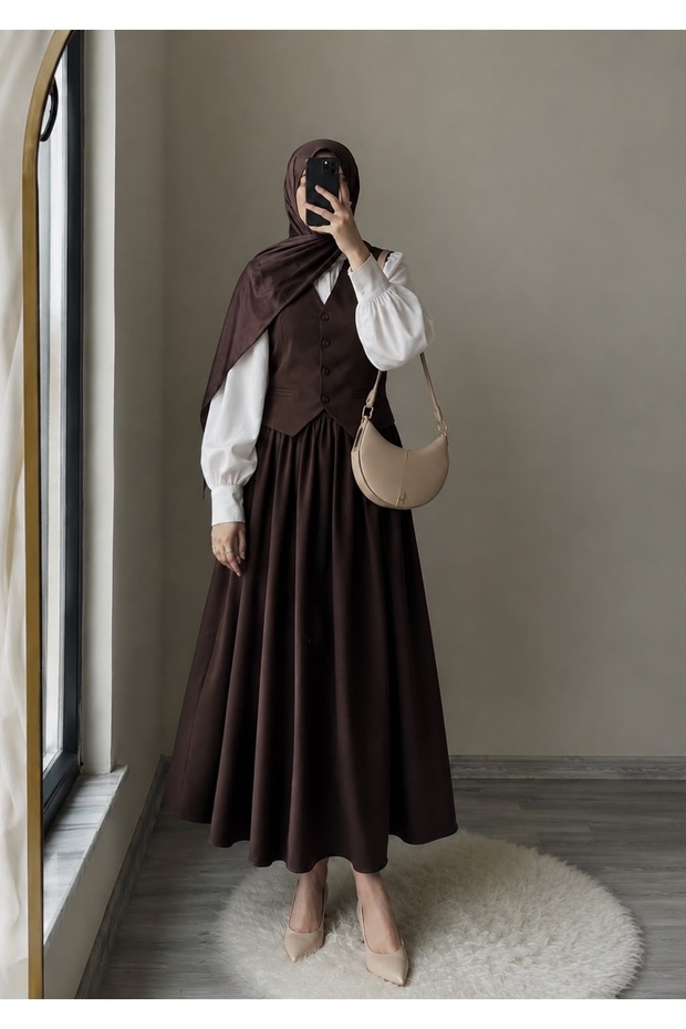Women's Hijab Double Vest & Skirt Flared Set