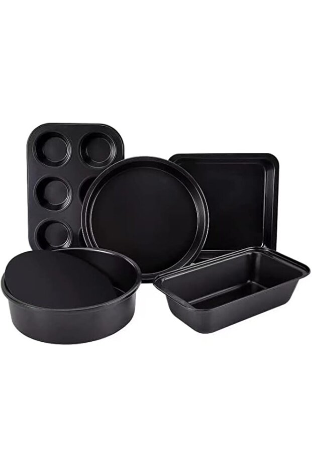 Nonstick Baking Pans Set, 5-Piece Kitchen Baking Sheets for Oven, Bakeware Sets with Round/Square Cake Pan, Muffin Pan, Roast Pan, Loaf Pan, Cookie Pan Set Baking Supplies (Black)