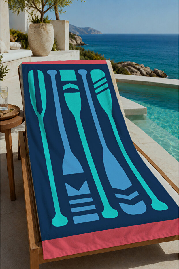 Navy Blue Turquoise Fork Spoon Kitchen Utensils Patterned 70X150 Beach Towel - Digital Printed Colorfast Bath Towel