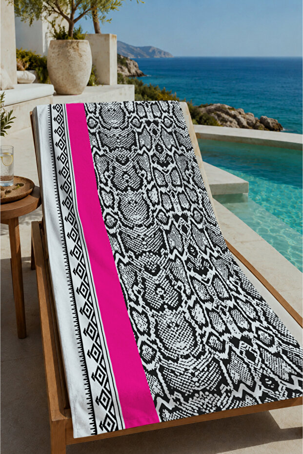 Pink Striped Black and White Ethnic Patterned 70X150 Beach Towel - Digital Printed Fade-Resistant Bath Towel