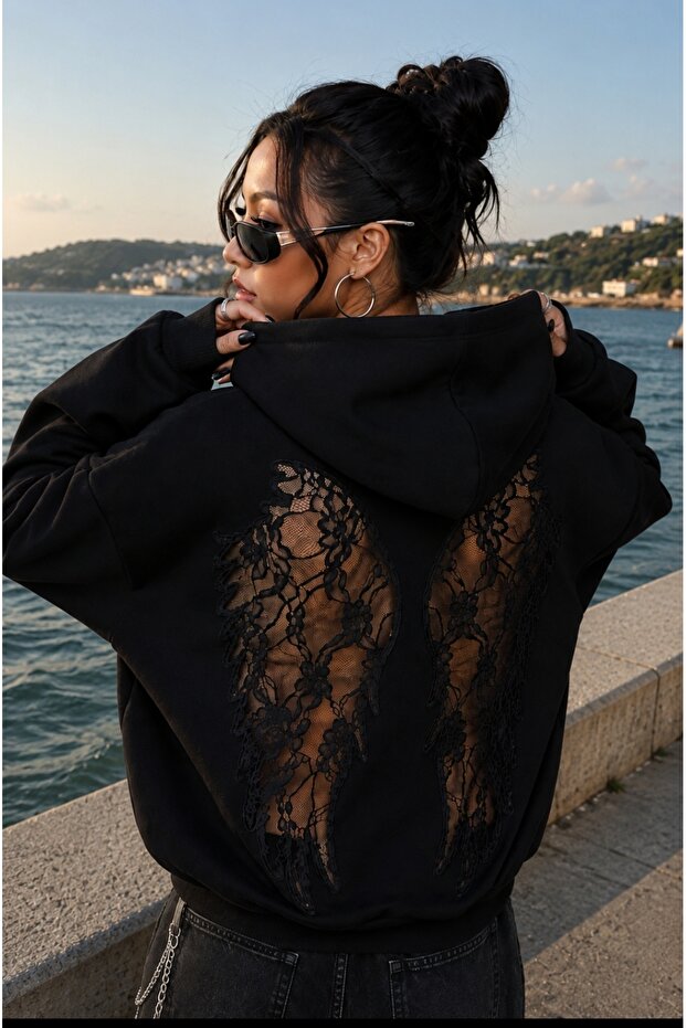 Gothic Lace Wing Pattern Hooded Oversize Hoodie
