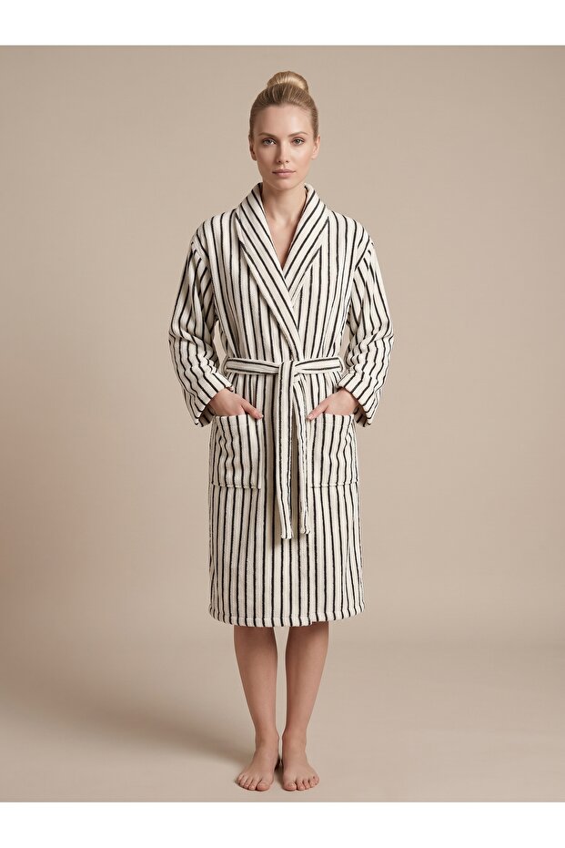 Cotton Paris Maison Stripe Premium Series Jacquard Striped 100% Cotton Shawl Collar Luxury Unisex Bathrobe - Ecru & Black