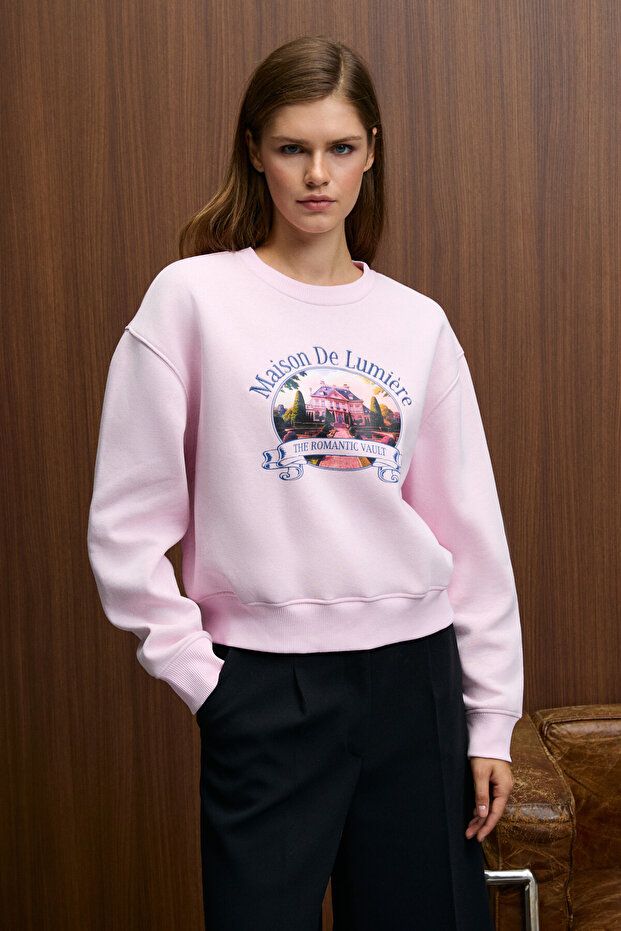 Talmera women's pink sweatshirt with front print and round neck