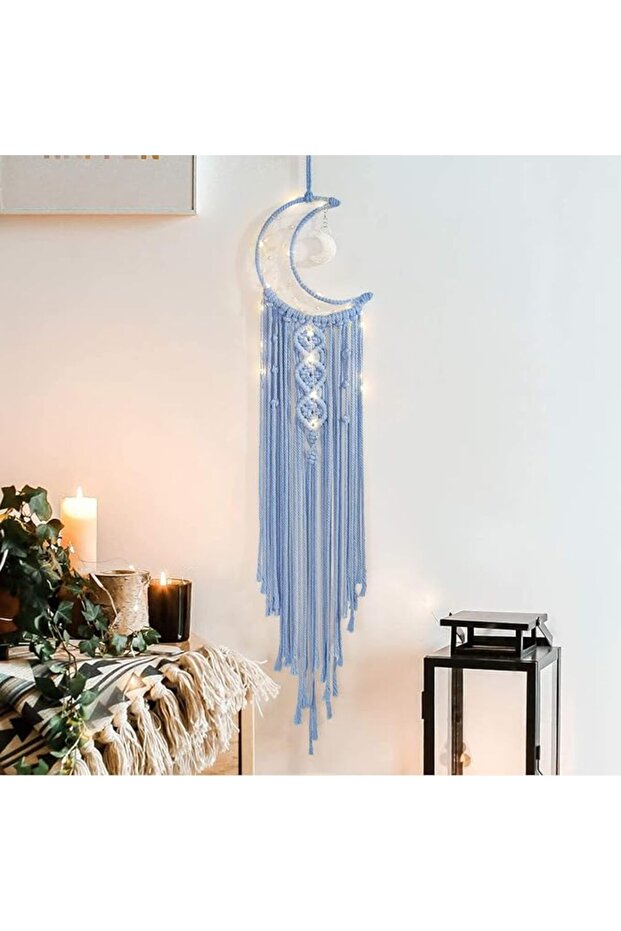 Boho Macrame Woven Wall Hanging, Crochet Crescent Moon Star Dream Catcher with Long Tassel- White Co