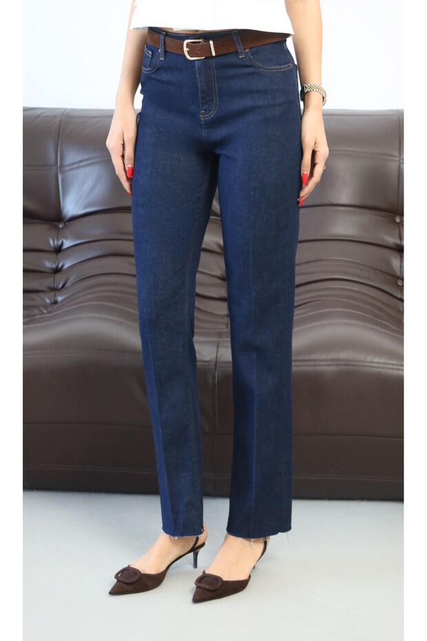 Women's Ri̇nse High Waist Straight Leg Cut-Out Detailed Belted Jean Trousers