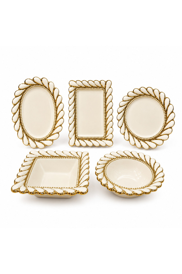 5-Piece Gold Detailed Ceramic Presentation Set – Oval, Round, and Rectangular Serving Plates & Bowls – Stylish Snack and Breakfast Set