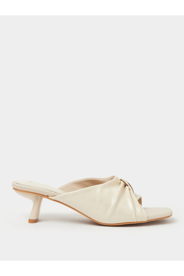 Beige Pleated Mid-Heel Mules with Gold Trim