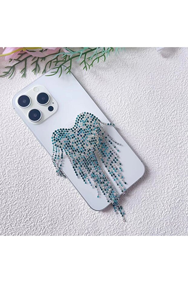 Blue European and American Personalized Rhinestone Tassel Adhesive Bracket for Mobile Phone Expandab
