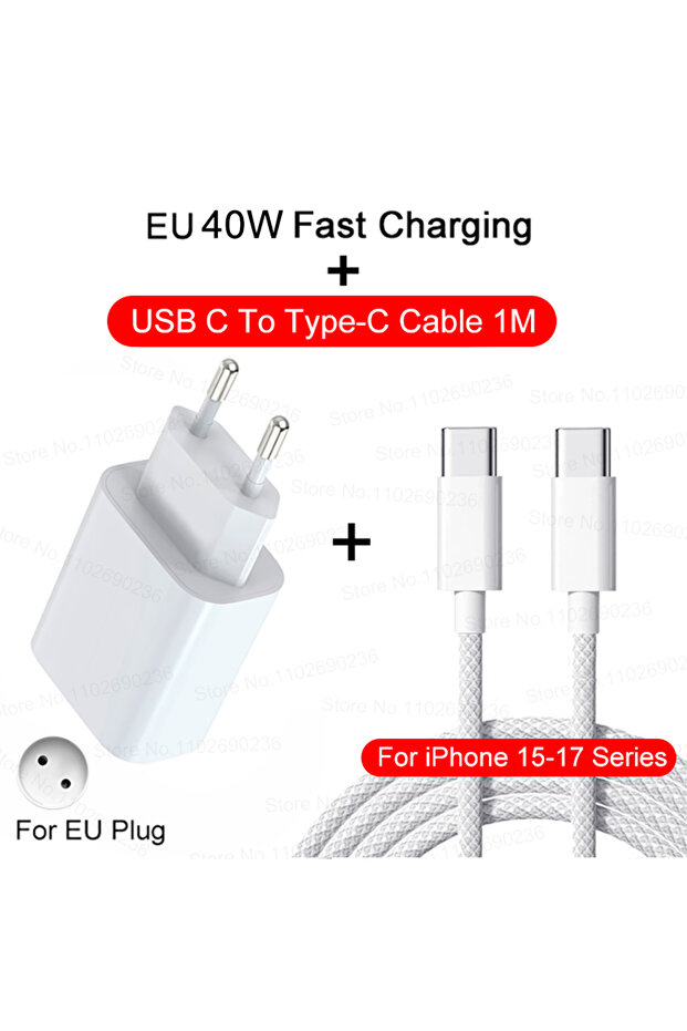 EU 1M (15-17 Series) PD 40W Fast Charger For iPhone 17 16 15 14 11 12 13 Pro Max 8 Plus iPad Fast Ch