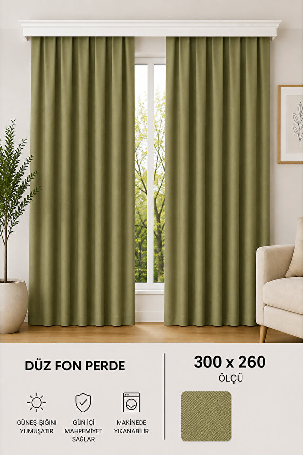 ستارة خلفية سميكة ومسطحة باللون الأخضر الزيتي - جاهزة للتركيب 300x260 سم