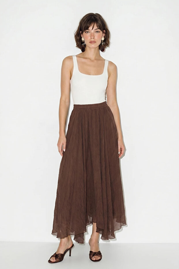 Women's Elastic Waist, Crush Effect, Lined, Flounce, Long Brown Skirt