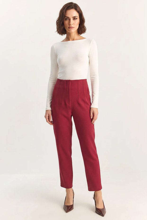 Women's High Waist Caramel Carrot Cut Burgundy Trousers