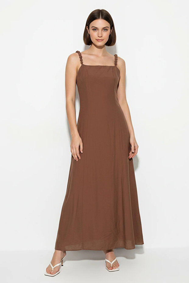 Women's Beaded Strap Detailed Square Neck Flowy Maxi Brown Dress