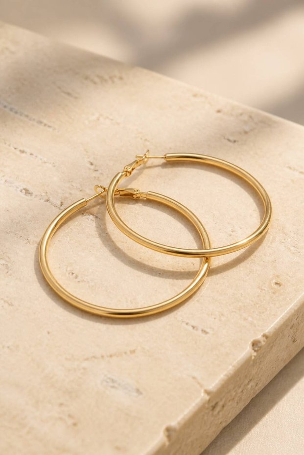 Gold Color 46 mm Plain Steel Classic Hoop Earrings - Minimalist Clip-On Hoop Earrings