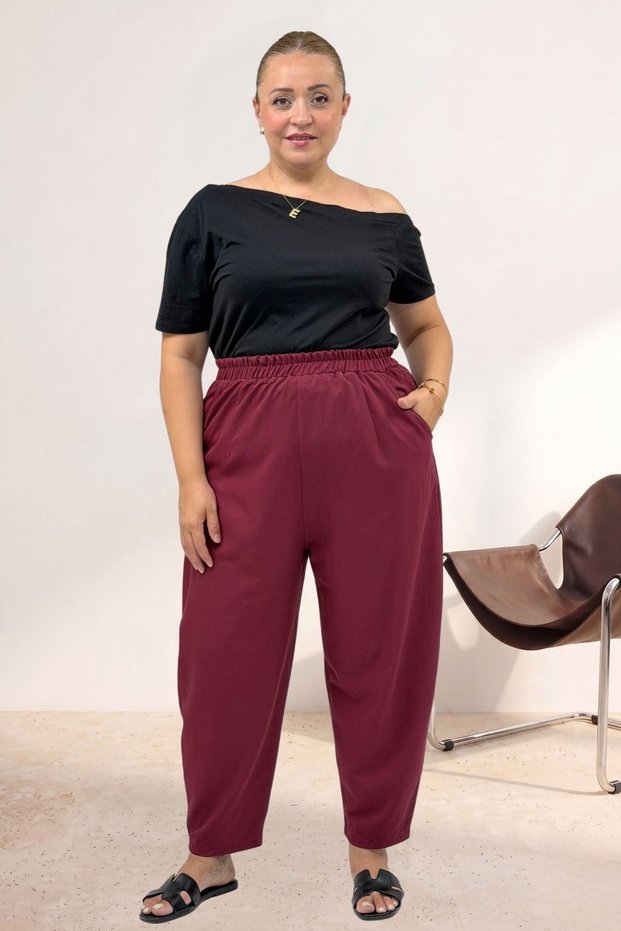 69021 Large Size Nora Shalwar Trousers with Elastic Waist - Burgundy