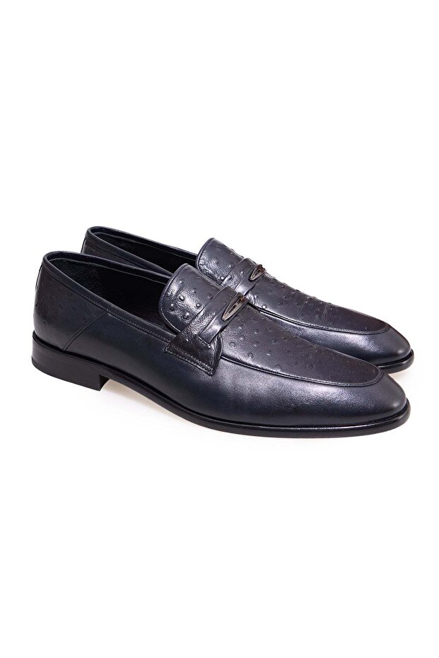 Dark Blue Color Laceless Genuine Leather Leather Sole Men's Shoes