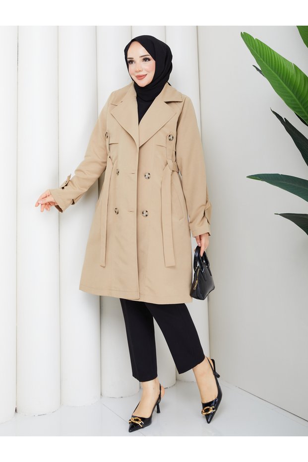 Apolet Detailed Belted Buttoned Pocketed Hijab Trench Coat Rc3145