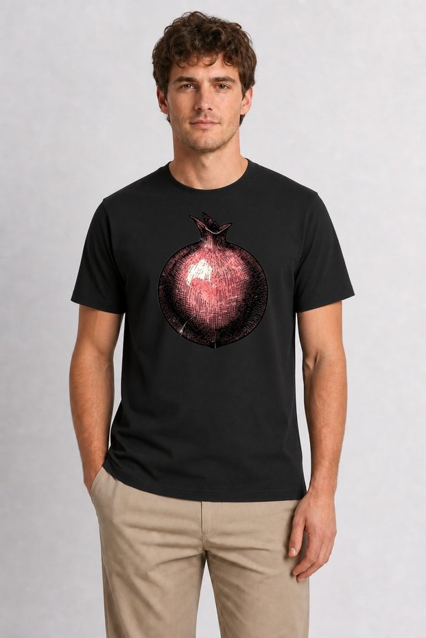 Vintage Botanical Pomegranate Pattern Print T-Shirt - Black